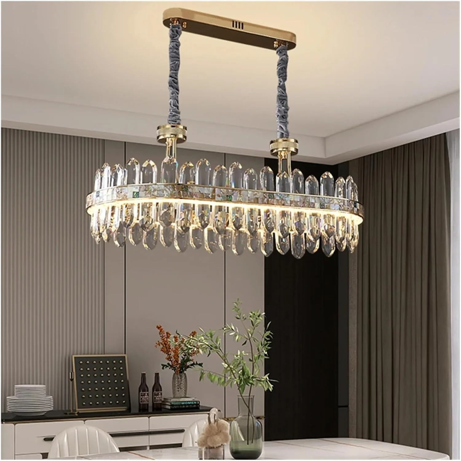 لوستر کریستالی مدرن، روشنایی اتاق نشیمن، اتاق غذاخوری، دکوراسیون منزل، لوستر ال ای دی طلایی گرد و بلند، دکور مدرن، تک رنگ - 75 سانتی متر