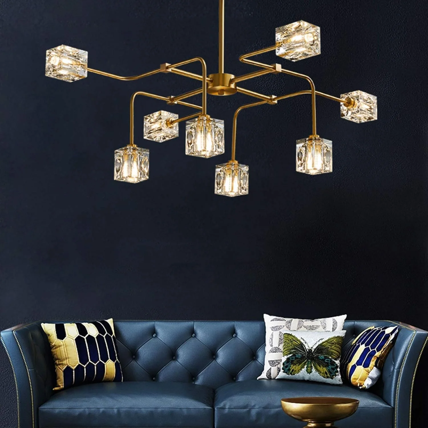 لوستر کریستالی لوکس، لوستر ۱۶ شاخه آبکاری طلا، دکور مدرن، طلایی - ۸ شاخه