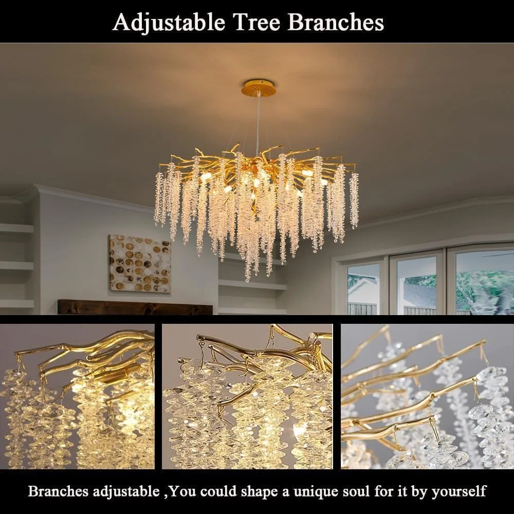لوستر کریستالی لوکس - چراغ آویز شاخه طلایی مدرن برای اتاق ناهارخوری، اتاق نشیمن، اتاق خواب - چراغ سقفی آویز LED شیک برای دکوراسیون منزل و هتل
