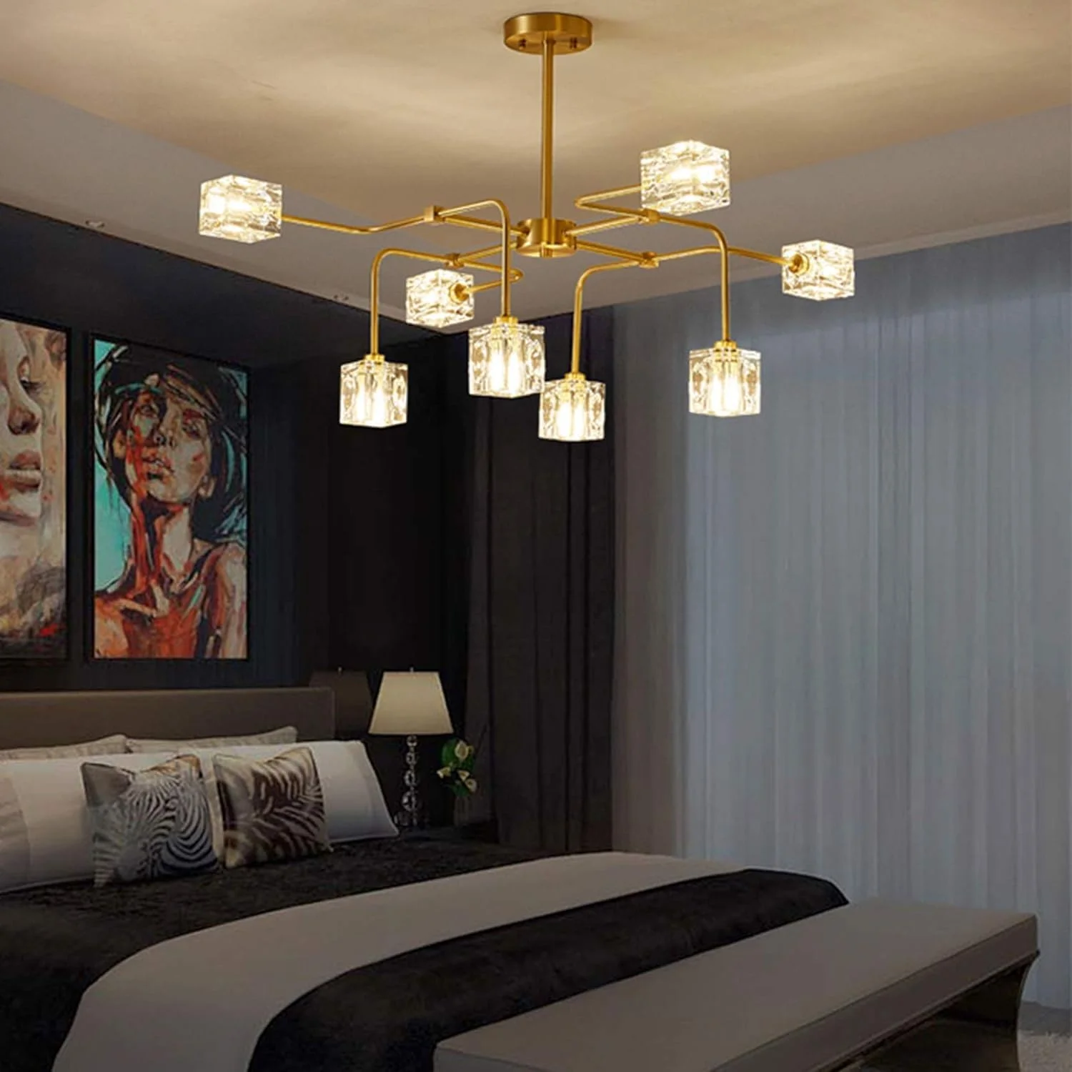 لوستر کریستالی لوکس، لوستر ۱۶ شاخه آبکاری طلا، دکور مدرن، طلایی - ۸ شاخه