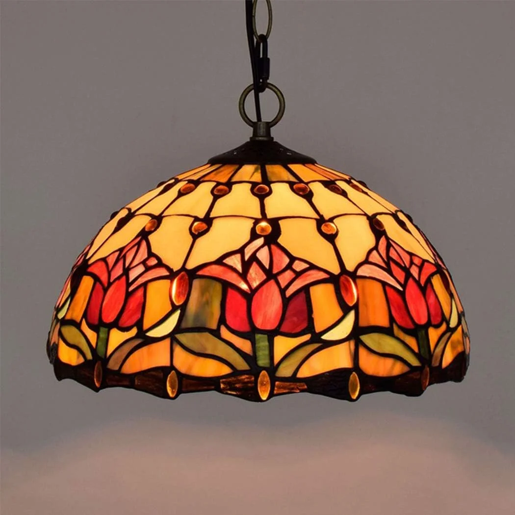 چراغ آویز سقفی به سبک تیفانی، لوستر شیشه ای رنگی لاله قرمز خلاقانه، سبک رترو اروپایی مناسب اتاق خواب، نشیمن، ناهارخوری، آشپزخانه، ایوان و راهرو، هدیه، 12 اینچ