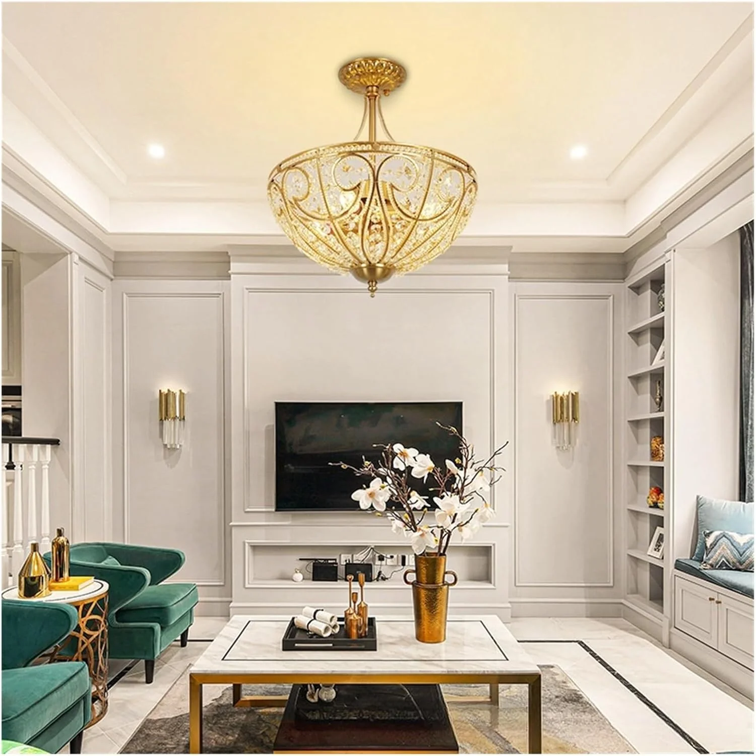 چراغ سقفی به سبک آمریکایی، لوکس و اتمسفریک، مناسب اتاق خواب، رستوران، نیمه لوستر، به سبک اروپایی، راهرو، کریستالی، دکور مدرن، طلایی-D330 H355mm