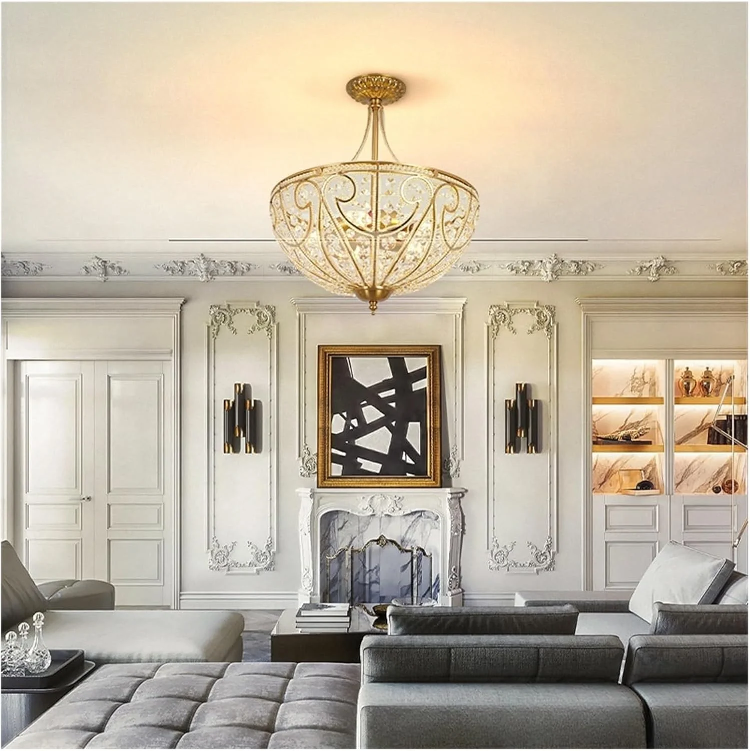 چراغ سقفی به سبک آمریکایی، لوکس و اتمسفریک، مناسب اتاق خواب، رستوران، نیمه لوستر، به سبک اروپایی، راهرو، کریستالی، دکور مدرن، طلایی - D380 H435mm