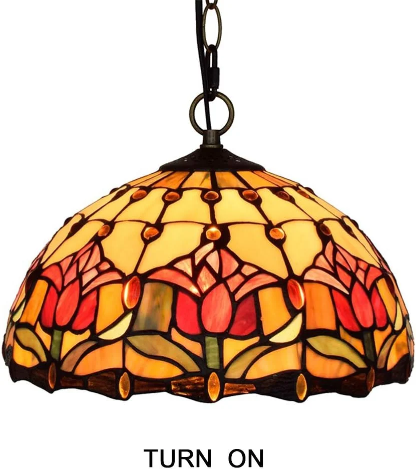 چراغ آویز سقفی به سبک تیفانی، لوستر شیشه ای رنگی لاله قرمز خلاقانه، سبک رترو اروپایی مناسب اتاق خواب، نشیمن، ناهارخوری، آشپزخانه، ایوان و راهرو، هدیه، 12 اینچ