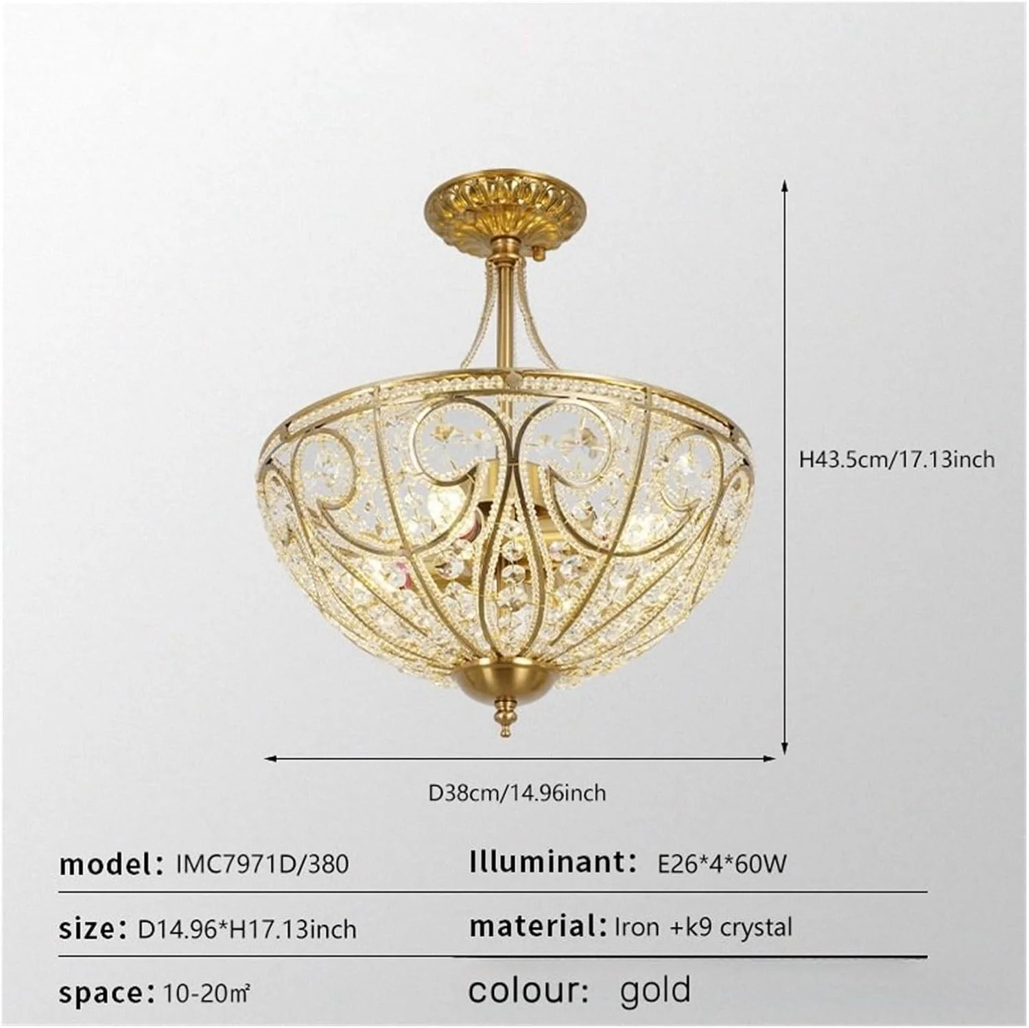 چراغ سقفی به سبک آمریکایی، لوکس و اتمسفریک، مناسب اتاق خواب، رستوران، نیمه لوستر، به سبک اروپایی، راهرو، کریستالی، دکور مدرن، طلایی - D380 H435mm
