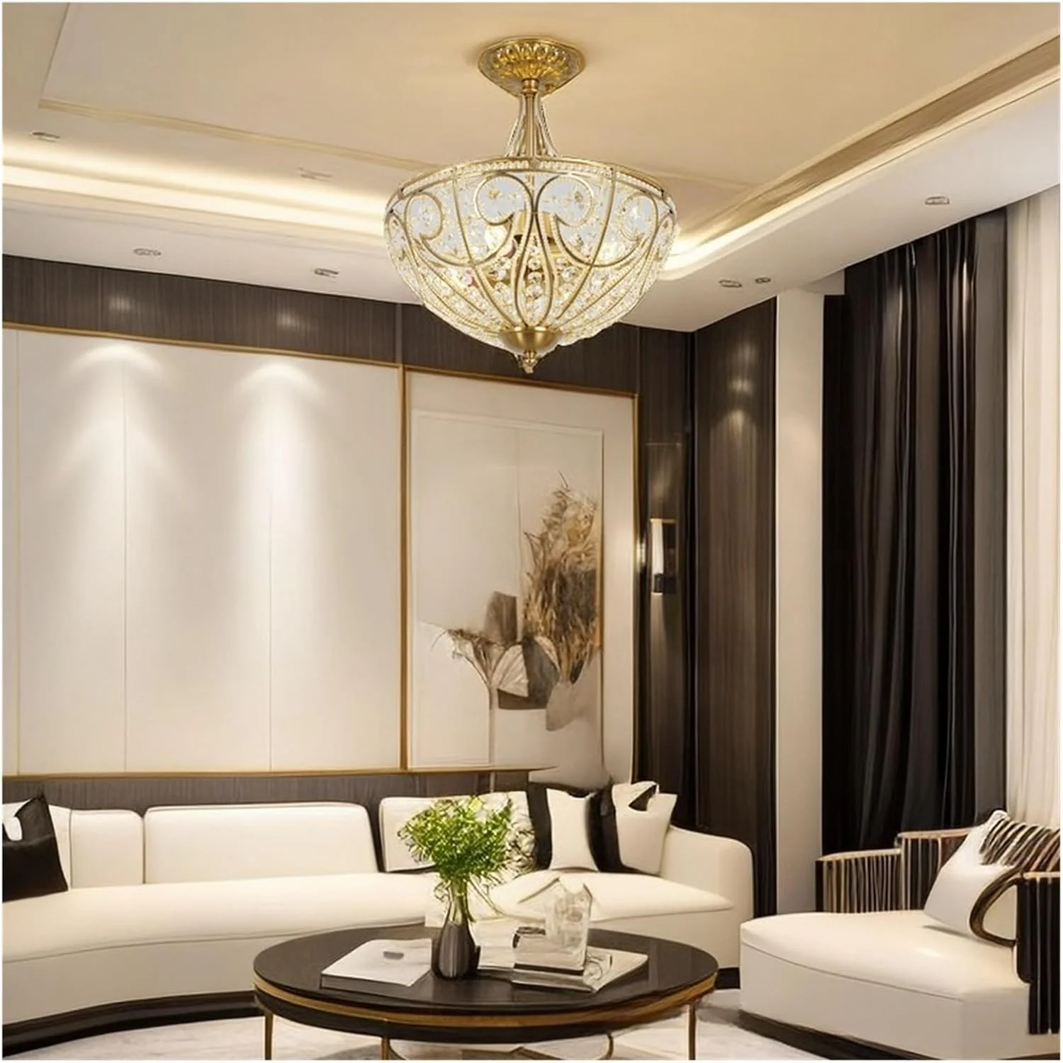 چراغ سقفی به سبک آمریکایی، لوکس و اتمسفریک، مناسب اتاق خواب، رستوران، نیمه لوستر، به سبک اروپایی، راهرو، کریستالی، دکور مدرن، طلایی - D380 H435mm