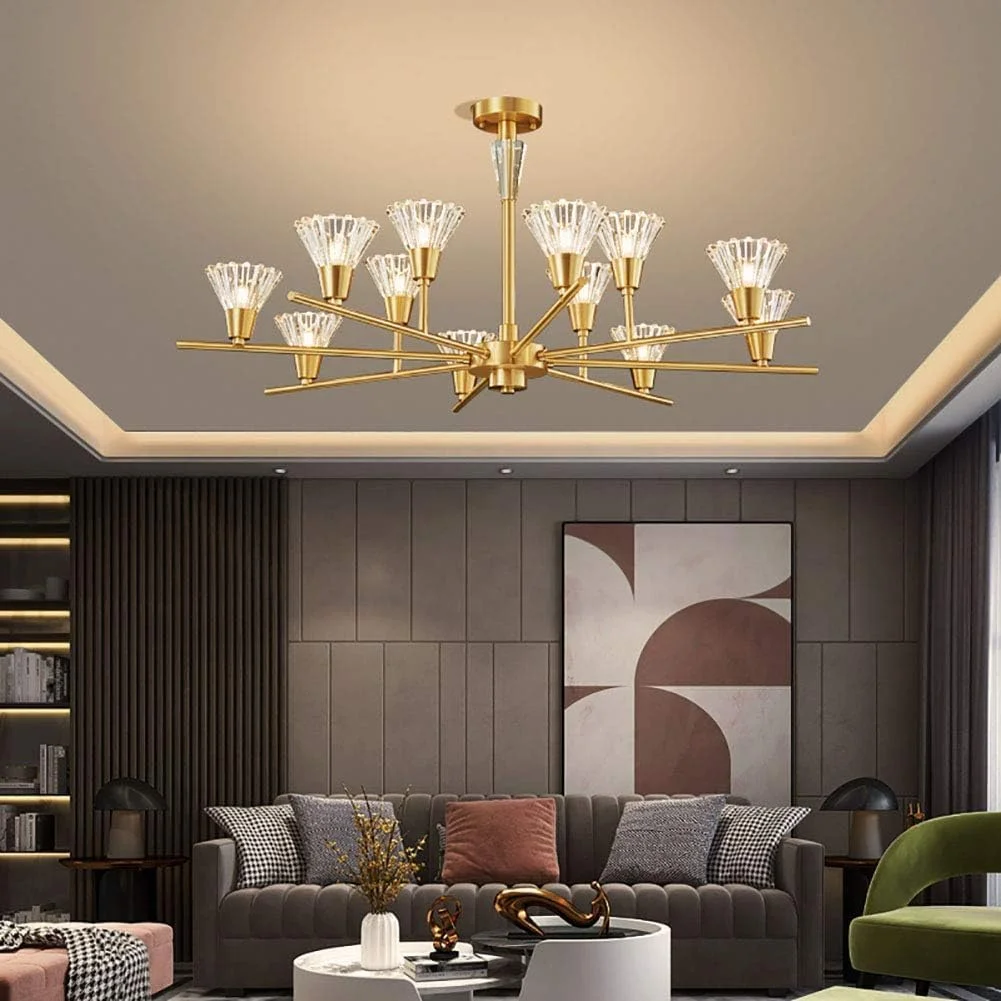 لوستر مجلل 8 شاخه آویز برنجی طلایی، چراغ سقفی مدرن اواسط قرن، دکور مدرن، تک رنگ - 8 شاخه