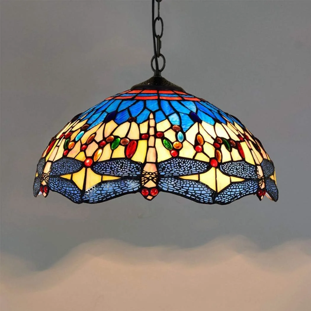 لوستر آویز طرح تیفانی، شیشه رنگی آبی، لوستر هنری خلاقانه طرح سنجاقک، چراغ آویز سقفی به سبک اروپایی رترو، مناسب اتاق خواب، نشیمن، ناهارخوری، آشپزخانه، بار، هتل، هدیه، سایز 16 اینچ