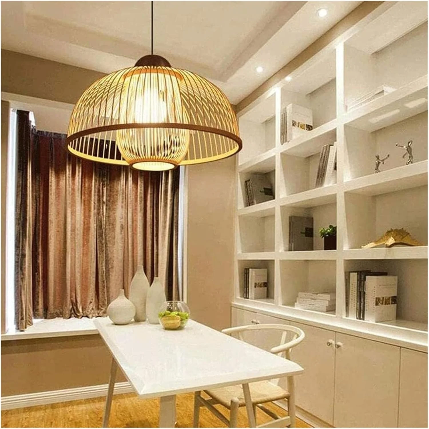 آباژور لوستر فانوسی به سبک طبیعی، لوستر به سبک گرمسیری، قفس حصیری، چراغ آویز دست ساز، چراغ سقفی حصیری توکار داخلی، لوستر