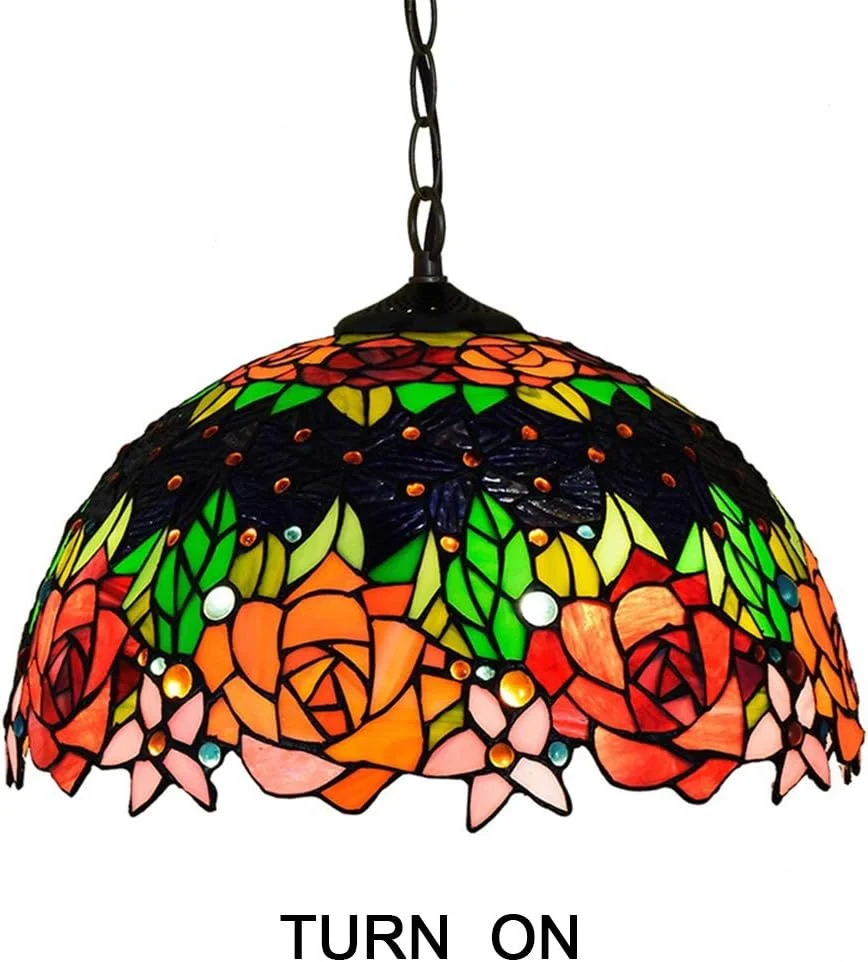 چراغ آویز به سبک تیفانی، لوستر شیشه ای رنگی به سبک روستایی آمریکایی، چراغ آویز گل رز خلاقانه و چشم نواز، مناسب اتاق خواب، نشیمن، غذاخوری، ایوان، راهرو، بالکن، هدیه، 16 اینچ