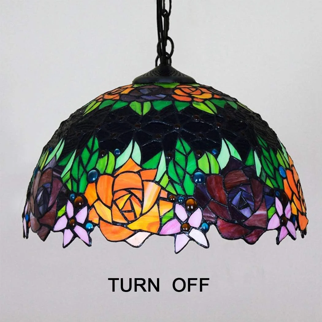 چراغ آویز به سبک تیفانی، لوستر شیشه ای رنگی به سبک روستایی آمریکایی، چراغ آویز گل رز خلاقانه و چشم نواز، مناسب اتاق خواب، نشیمن، غذاخوری، ایوان، راهرو، بالکن، هدیه، 16 اینچ