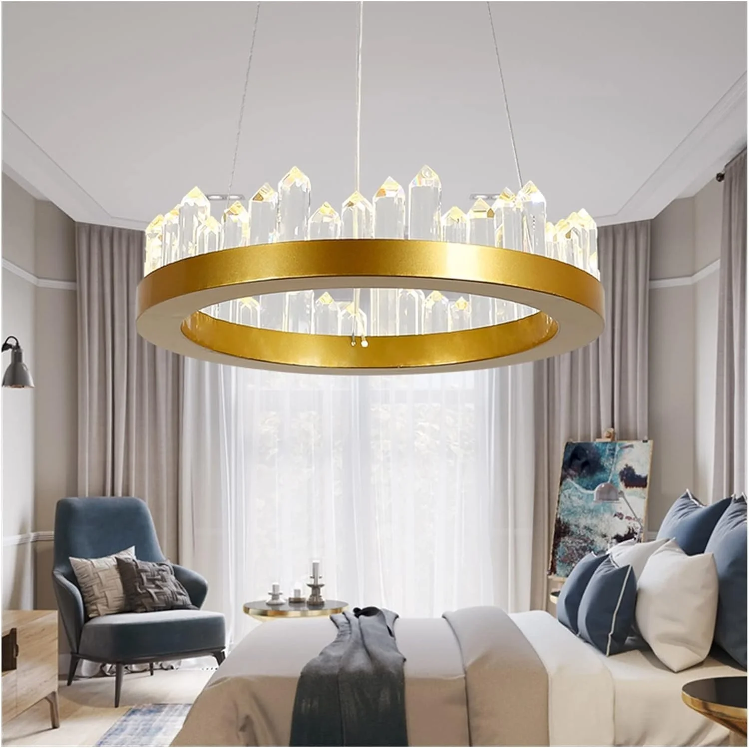 لوستر ال ای دی، مدرن - لوستر آویز کریستالی گرد سازگار با اتاق نشیمن، سالن غذاخوری، اتاق خواب، هنر مینیمالیستی، لامپ های ال ای دی داخلی، دکور مدرن، طلایی - 80 سانتی متر
