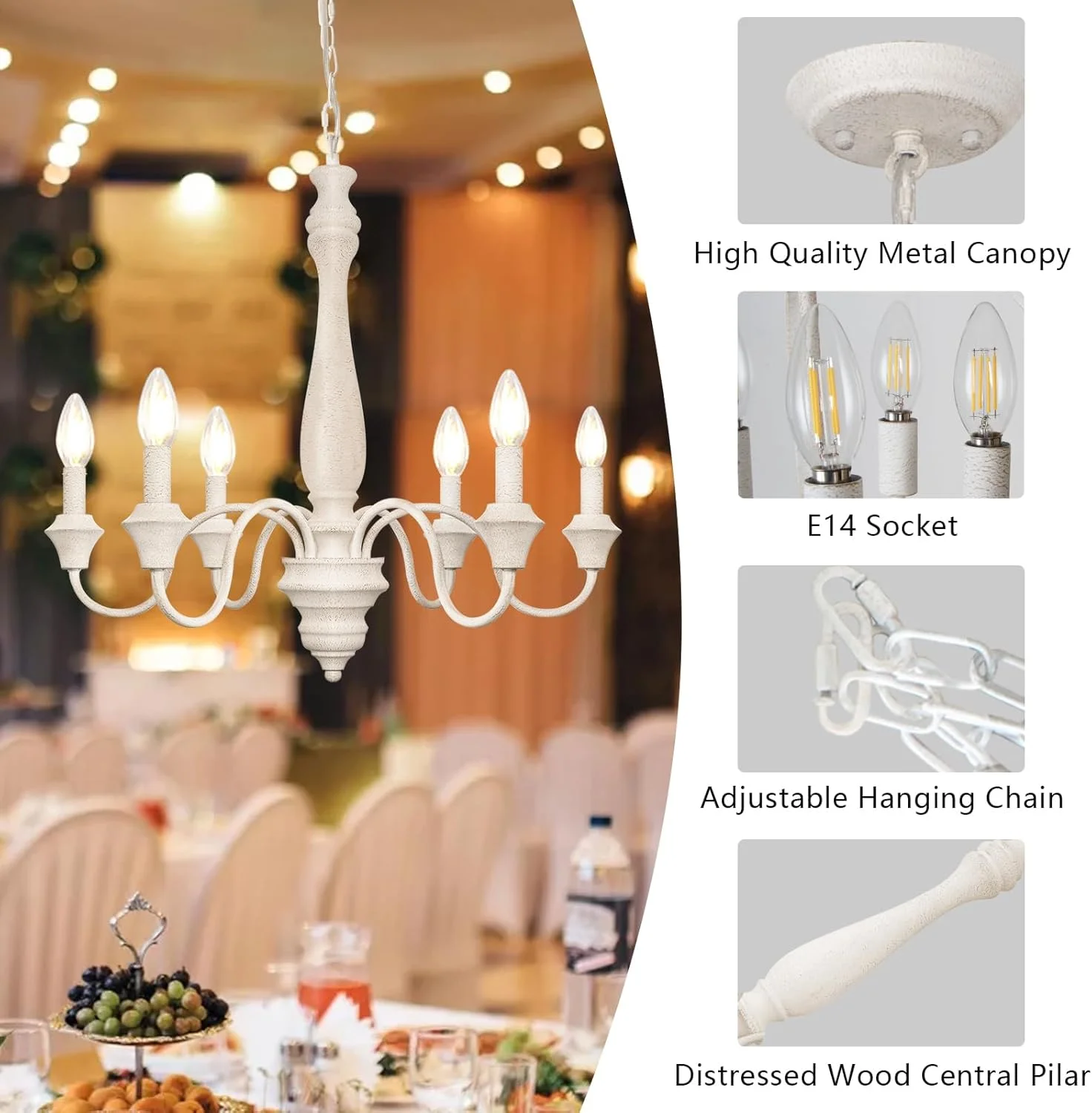 چراغ آویز چوبی وینتیج KMaiPem، 6 چراغ، چراغ آویز سفید سنتی به سبک خانه روستایی، لوستر فرانسوی با قابلیت تنظیم ارتفاع برای اتاق نشیمن، اتاق خواب، اتاق غذاخوری، راهرو