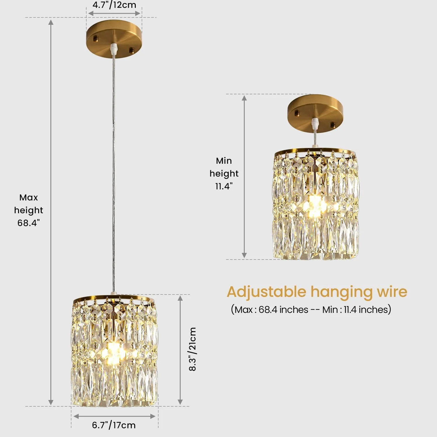 چراغ آویز کریستالی KJLARS، لوستر مدرن تک شعله طلایی، چراغ سقفی آویز برای آشپزخانه، اتاق نشیمن، اتاق خواب، اتاق غذاخوری، ورودی