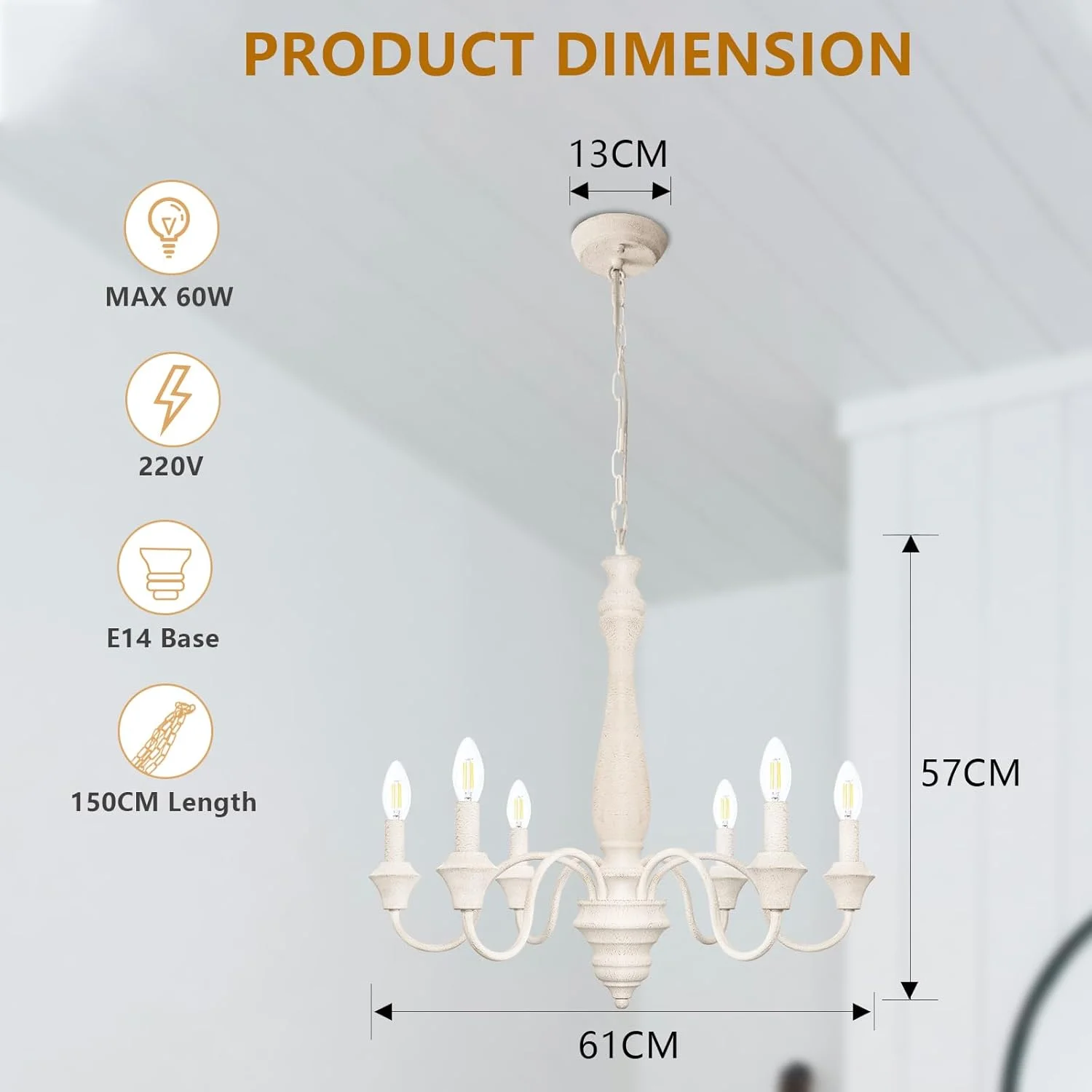 چراغ آویز چوبی وینتیج KMaiPem، 6 چراغ، چراغ آویز سفید سنتی به سبک خانه روستایی، لوستر فرانسوی با قابلیت تنظیم ارتفاع برای اتاق نشیمن، اتاق خواب، اتاق غذاخوری، راهرو