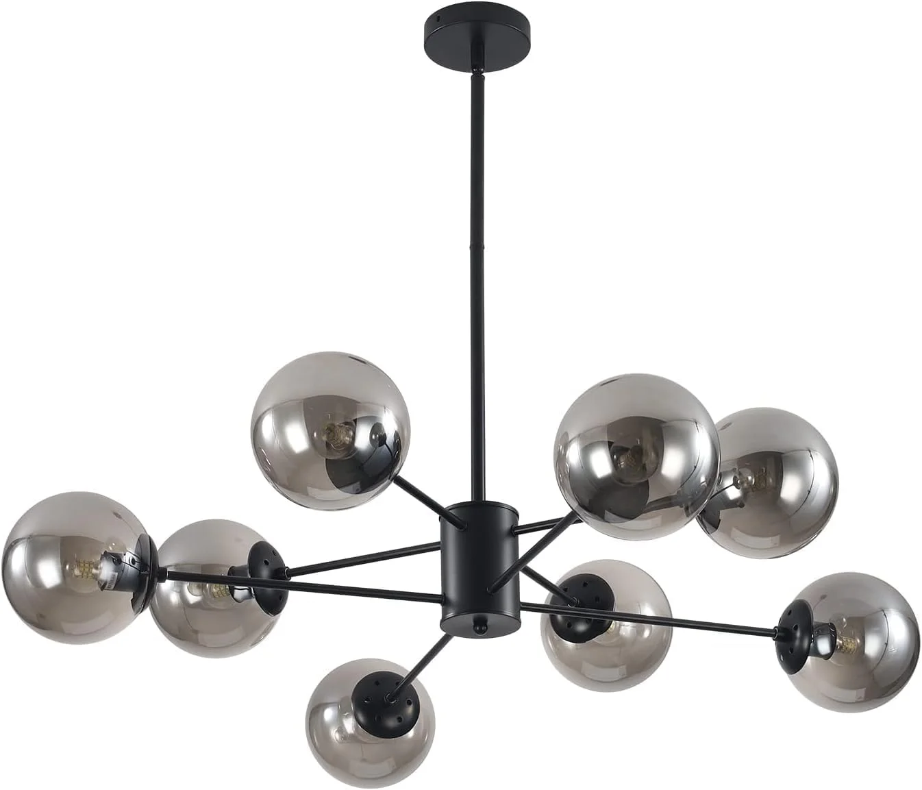 لوستر مدرن گوی شیشه ای KCO Lighting، لوستر اسپوتنیک 8 شاخه مشکی، آویز روشنایی به سبک اواسط قرن، لوستر صنعتی طرح خانه روستایی (مشکی + خاکستری دودی)