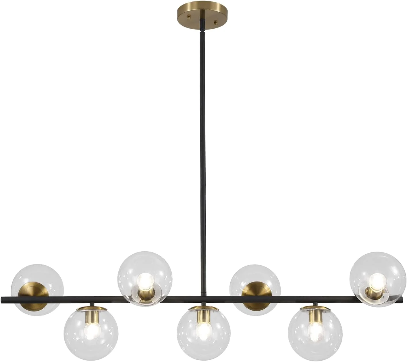 لوستر مشکی و طلایی KCO Lighting، چراغ آویز 7 شعله با حباب های شیشه ای شفاف، لوستر مدرن بزرگ کروی Sputnik، لوستر خطی طلایی مناسب آشپزخانه و آویز