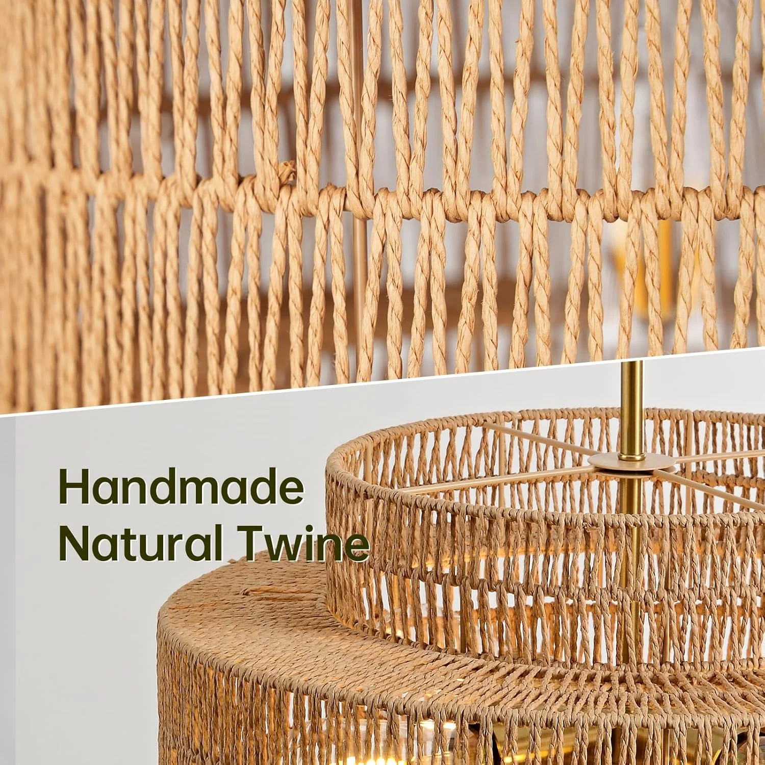 لوستر حصیری 4 شاخه InterMaka، لوستر بافته شده دستی به سبک بوهو، قطر 45 سانتیمتر، لوستر آویز روستیک مناسب اتاق ناهارخوری، جزیره آشپزخانه، اتاق نشیمن، ورودی