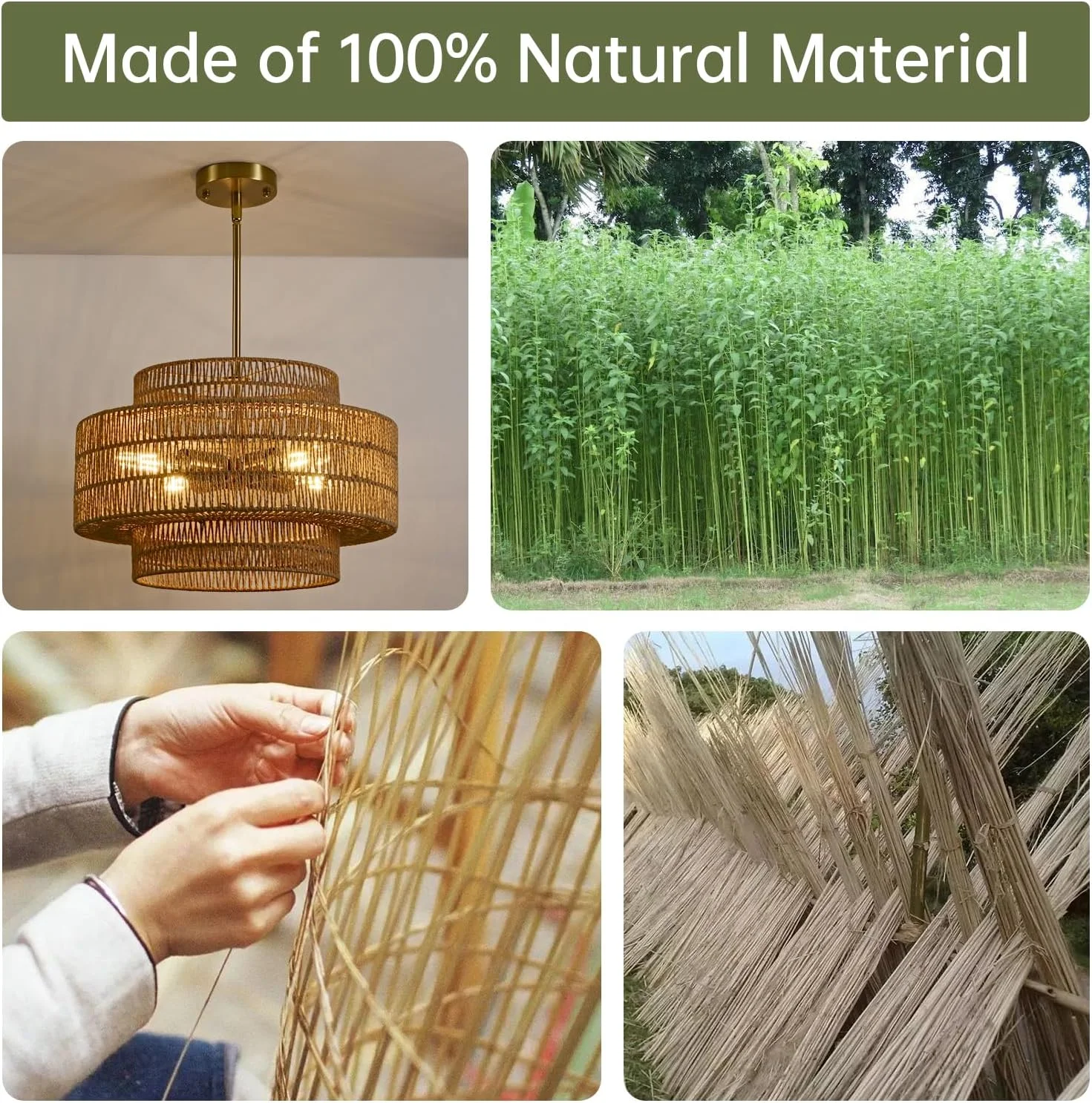 لوستر حصیری 4 شاخه InterMaka، لوستر بافته شده دستی به سبک بوهو، قطر 45 سانتیمتر، لوستر آویز روستیک مناسب اتاق ناهارخوری، جزیره آشپزخانه، اتاق نشیمن، ورودی