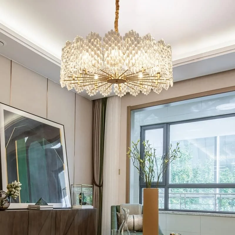 لامپ آویز، لوسترهای کریستالی دیمر پذیر، چراغ های ال ای دی، لوستر سقفی شیشه ای، درخشش طلایی، لوکس، مدرن، لامپ های آویز گرد، دکوراسیون منزل، روشنایی برای اتاق نشیمن