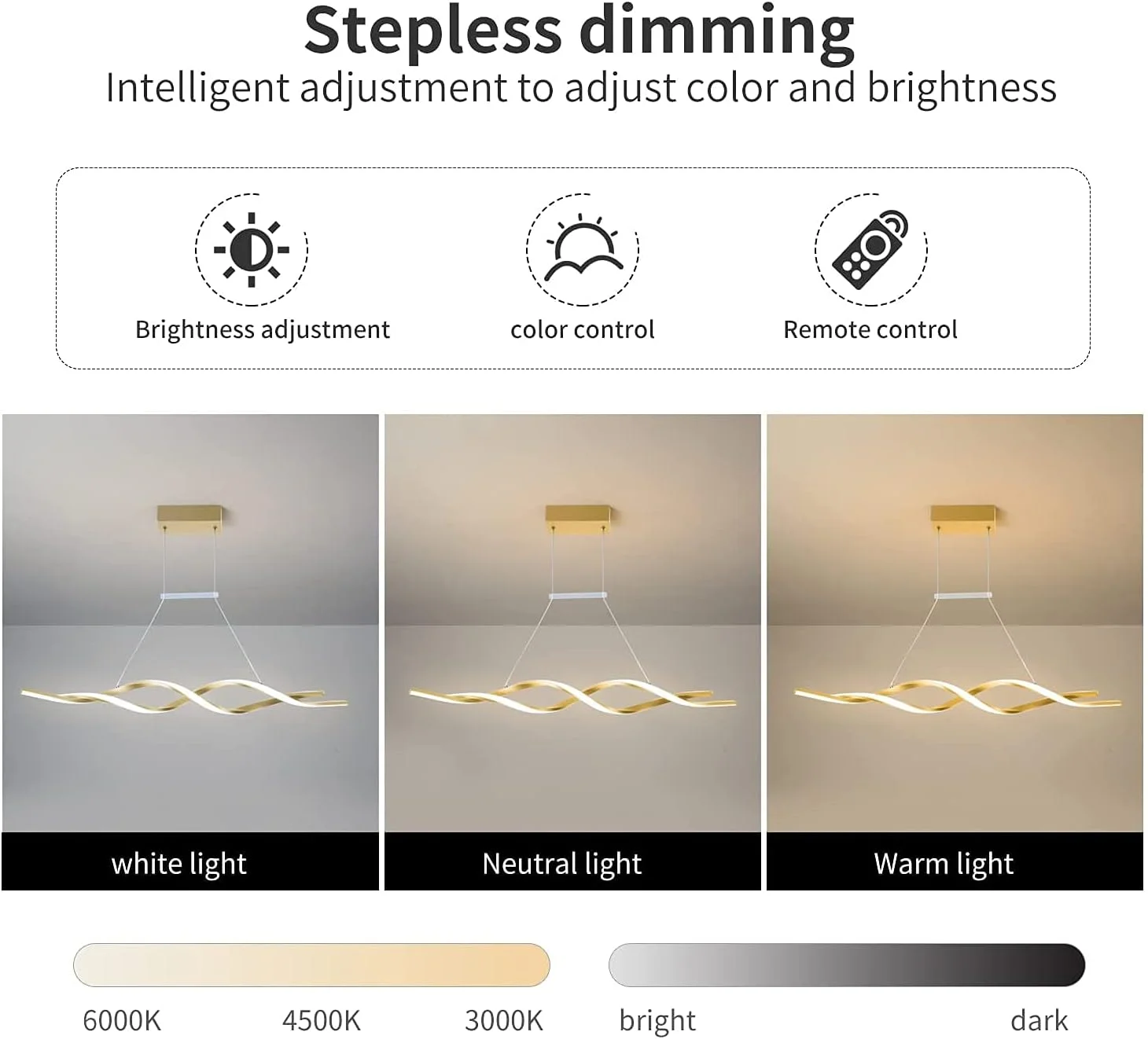 لوستر مدرن Ganeed، چراغ آویز LED دیمر پذیر با کنترل از راه دور، لوسترهای آکریلیک موجی معاصر برای اتاق ناهار خوری میز شام آشپزخانه رستوران، 3000K-6000K، 28W، طلایی