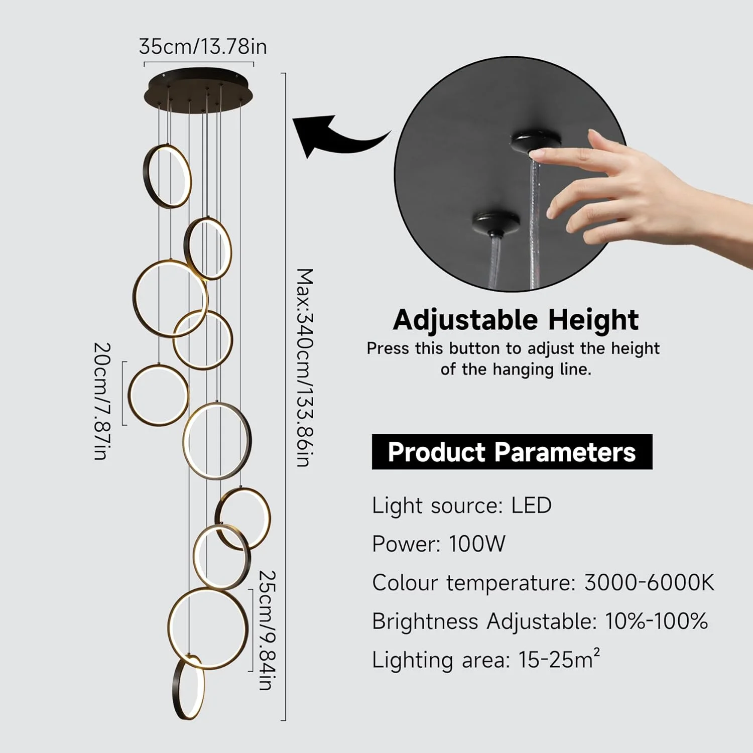 لوستر مدرن ال ای دی مناسب سقف های بلند راه پله، لوستر مشکی 10 حلقه، چراغ آویز نیمه فرورفته داخلی، چراغ آویز بزرگ با ریموت کنترل برای ورودی لابی ویلا
