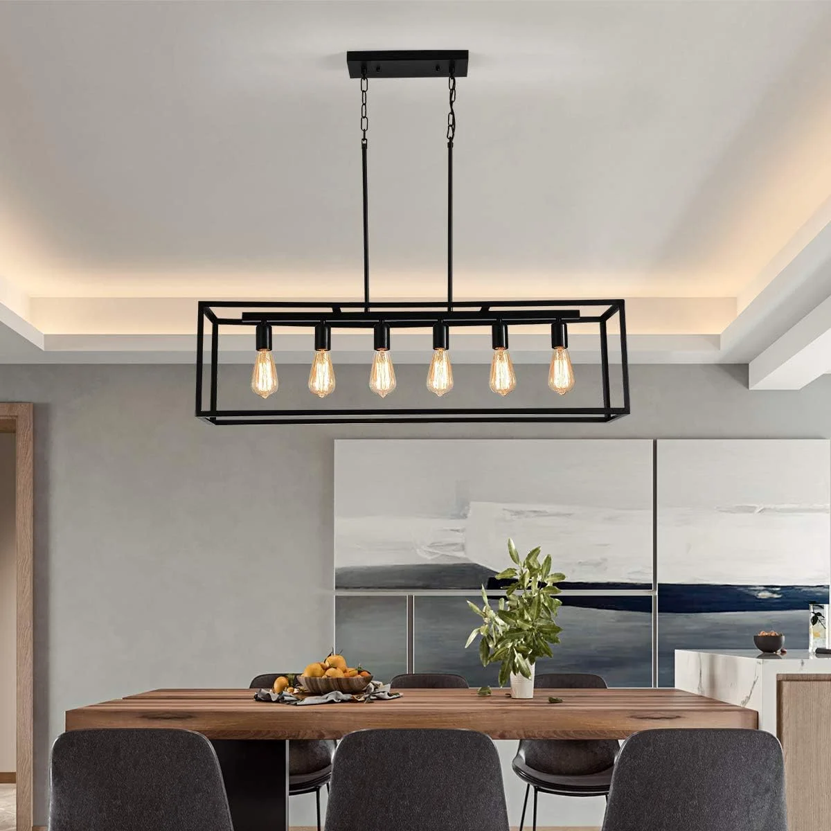 لوستر مستطیلی 6 شاخه Garwarm، آویز مدرن خطی فلزی مشکی، چراغ سقفی جزیره ای قفس صنعتی برای اتاق ناهارخوری (لامپ ها شامل نمی شوند)