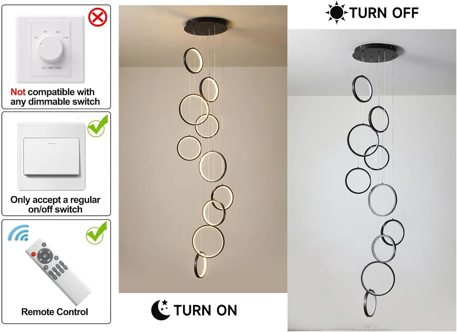 لوستر مدرن ال ای دی مناسب سقف های بلند راه پله، لوستر مشکی 10 حلقه، چراغ آویز نیمه فرورفته داخلی، چراغ آویز بزرگ با ریموت کنترل برای ورودی لابی ویلا