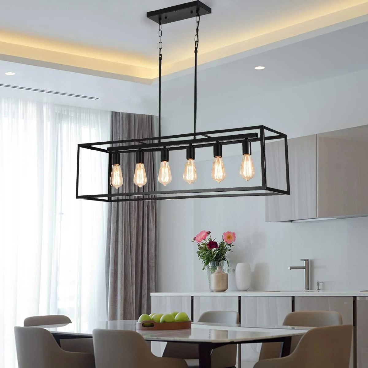 لوستر مستطیلی 6 شاخه Garwarm، آویز مدرن خطی فلزی مشکی، چراغ سقفی جزیره ای قفس صنعتی برای اتاق ناهارخوری (لامپ ها شامل نمی شوند)