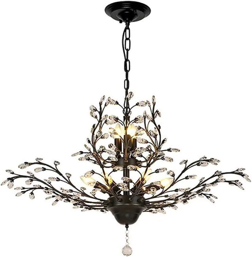 لوستر روستیک طرح خانه روستایی با آویز کریستالی طرح قطره باران، مناسب برای اتاق ناهارخوری، حمام، اتاق خواب، اتاق نشیمن، ورودی، دکور مدرن، مشکی - 9 شاخه