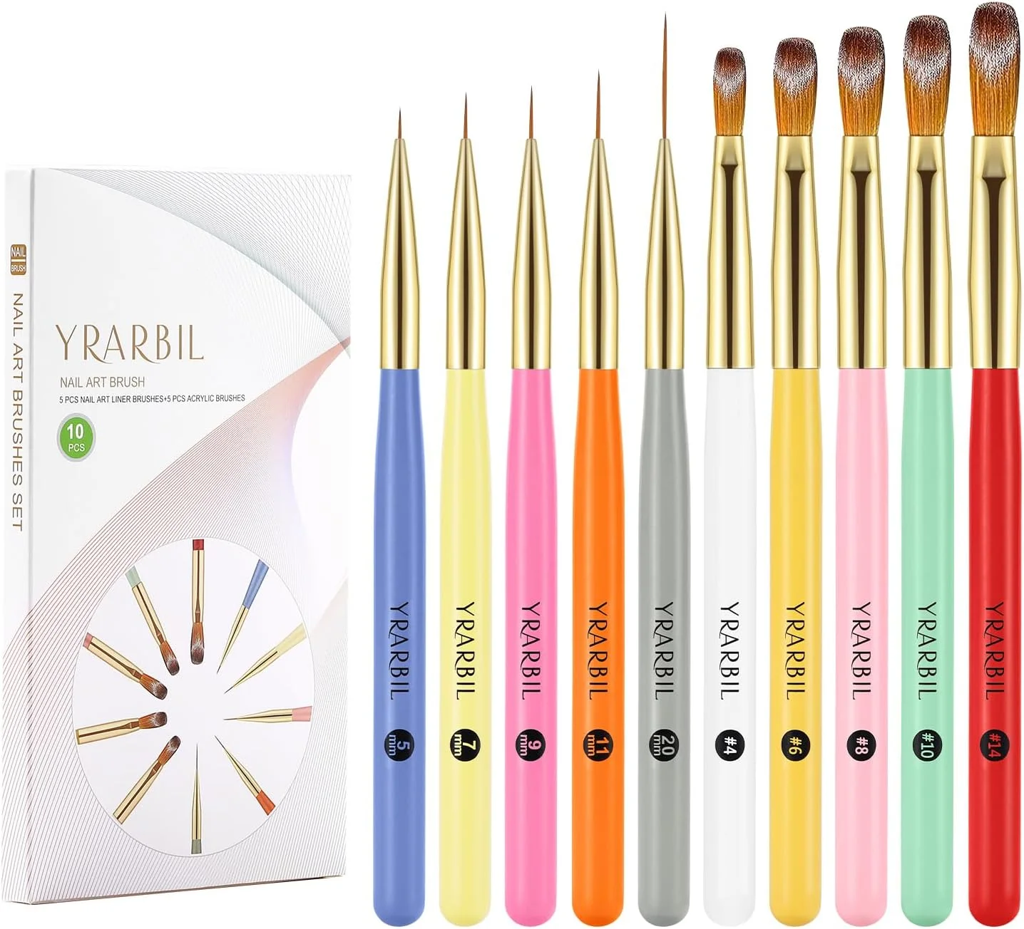 مجموعه 5 عددی قلم موی طراحی ناخن Yrarbil و 5 عددی قلم موی اکریلیک ناخن برای طراحی هنری با لاک ژل، خطوط نازک و بلند، حکاکی سه بعدی، کاشت ناخن و استفاده از پودر اکریلیک