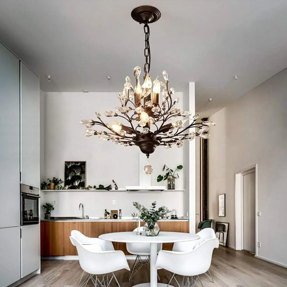 لوستر روستیک طرح خانه روستایی با آویز کریستالی طرح قطره باران، مناسب برای اتاق ناهارخوری، حمام، اتاق خواب، اتاق نشیمن، ورودی، دکور مدرن، مشکی - 9 شاخه