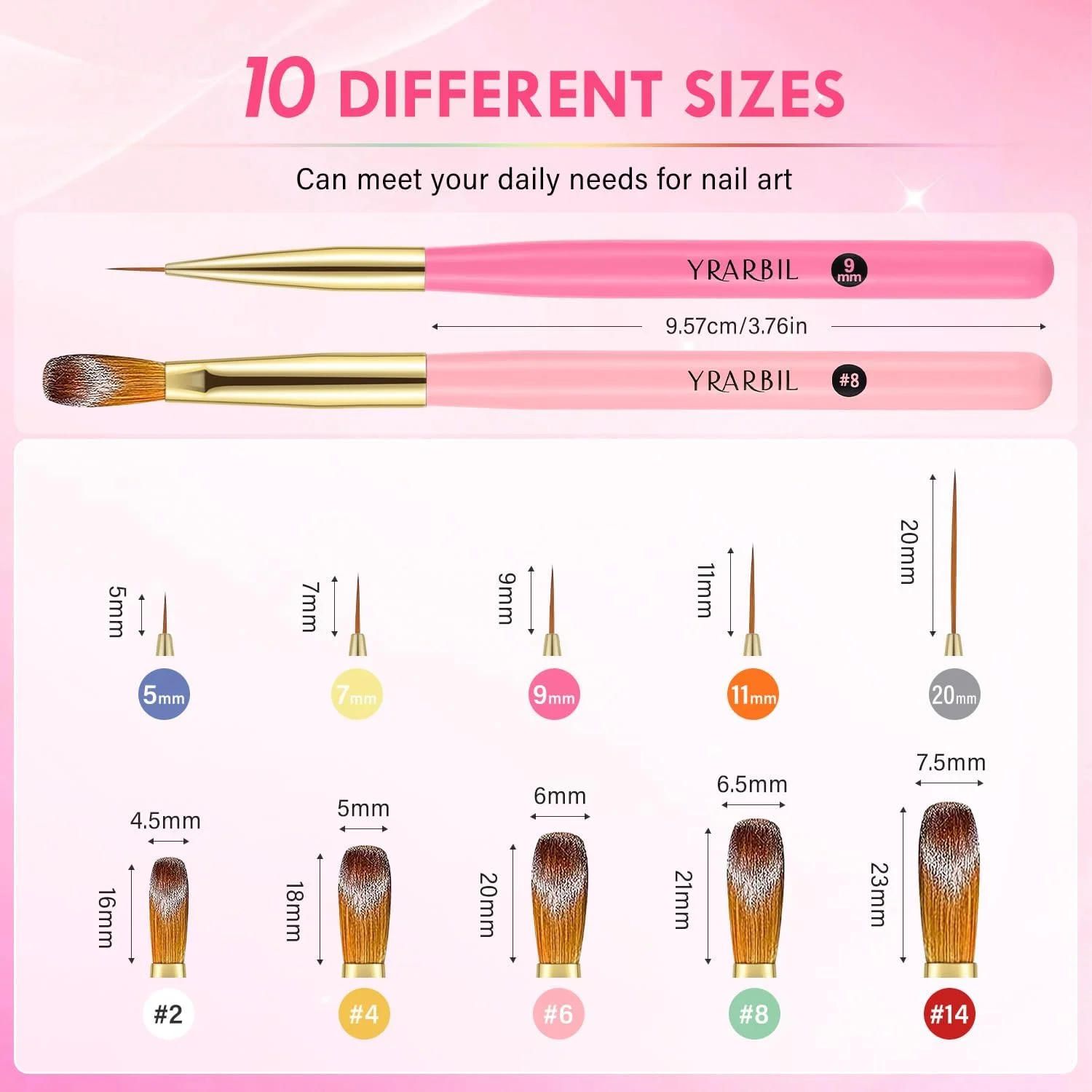 مجموعه 5 عددی قلم موی طراحی ناخن Yrarbil و 5 عددی قلم موی اکریلیک ناخن برای طراحی هنری با لاک ژل، خطوط نازک و بلند، حکاکی سه بعدی، کاشت ناخن و استفاده از پودر اکریلیک
