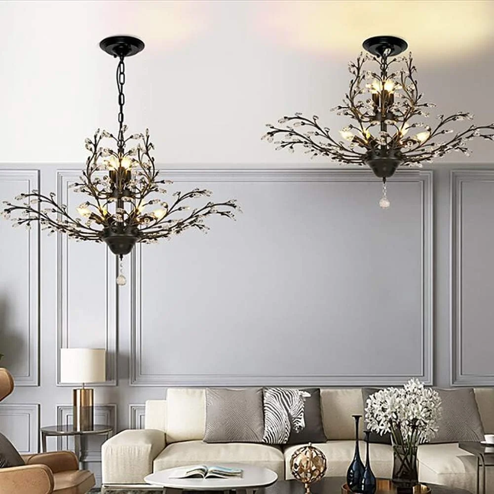 لوستر روستیک طرح خانه روستایی با آویز کریستالی طرح قطره باران، مناسب برای اتاق ناهارخوری، حمام، اتاق خواب، اتاق نشیمن، ورودی، دکور مدرن، مشکی - 9 شاخه