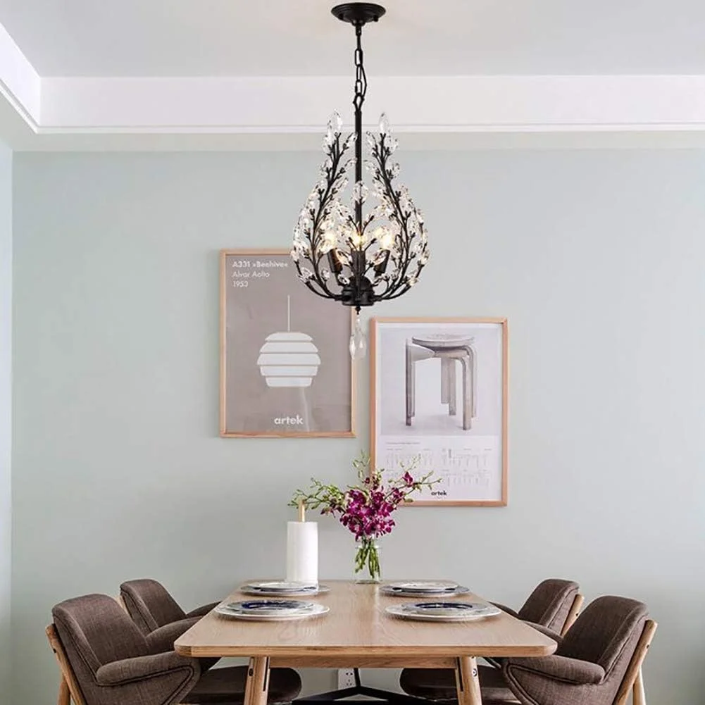 لوستر روستیک طرح خانه روستایی، چراغ سقفی با آویز کریستالی طرح قطره باران، مناسب اتاق ناهارخوری، حمام، اتاق خواب، اتاق نشیمن، ورودی، دکور مدرن، مشکی - 3 شاخه