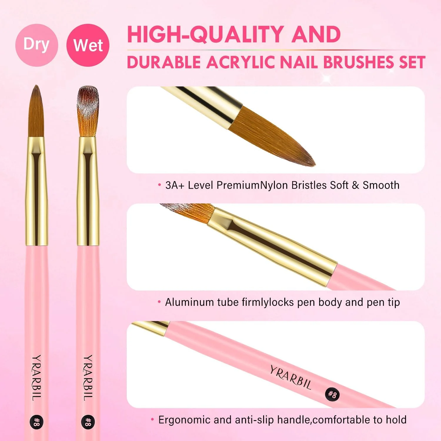 مجموعه 5 عددی قلم موی طراحی ناخن Yrarbil و 5 عددی قلم موی اکریلیک ناخن برای طراحی هنری با لاک ژل، خطوط نازک و بلند، حکاکی سه بعدی، کاشت ناخن و استفاده از پودر اکریلیک