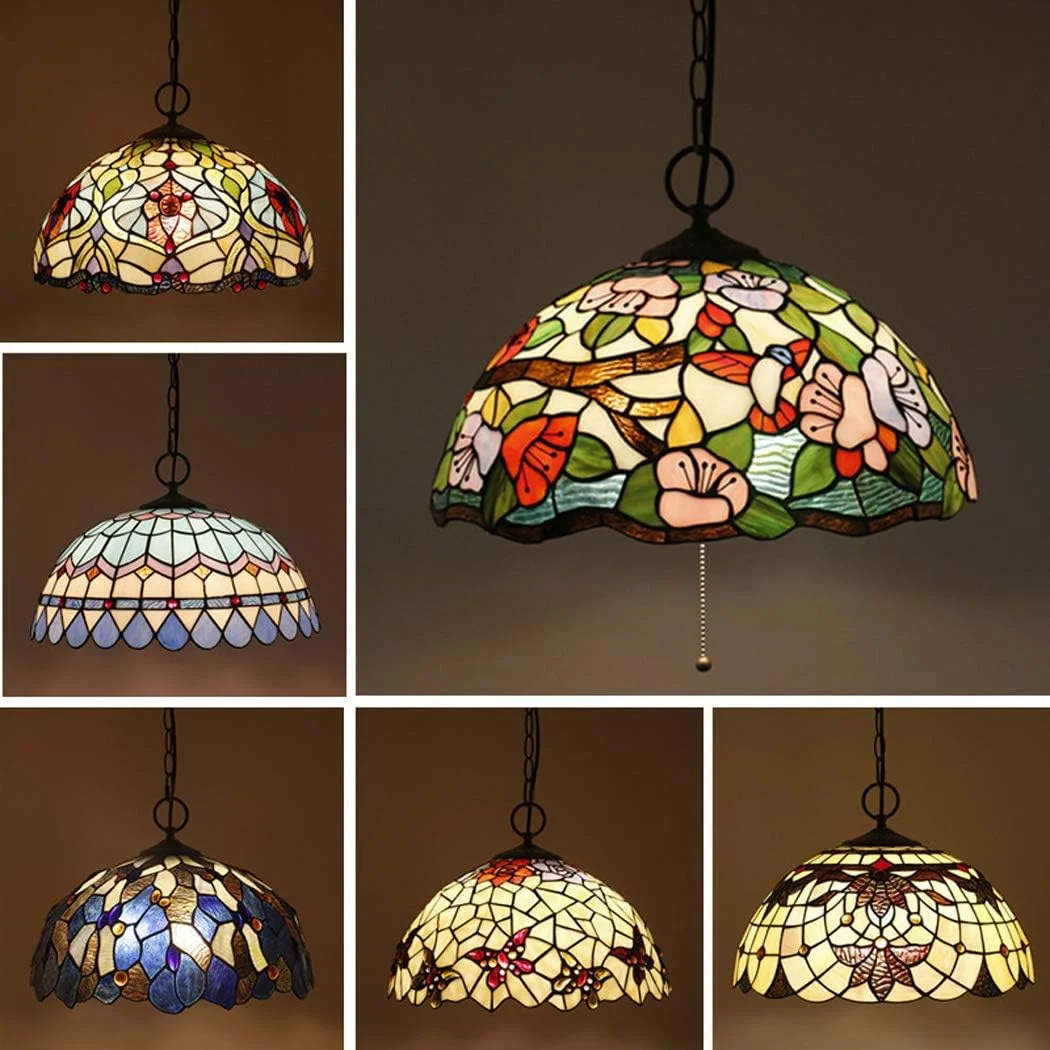 چراغ آویز به سبک تیفانی، لوستر آویز شیشه ای رنگی خلاقانه اروپایی، چراغ آویز سقفی E27,A