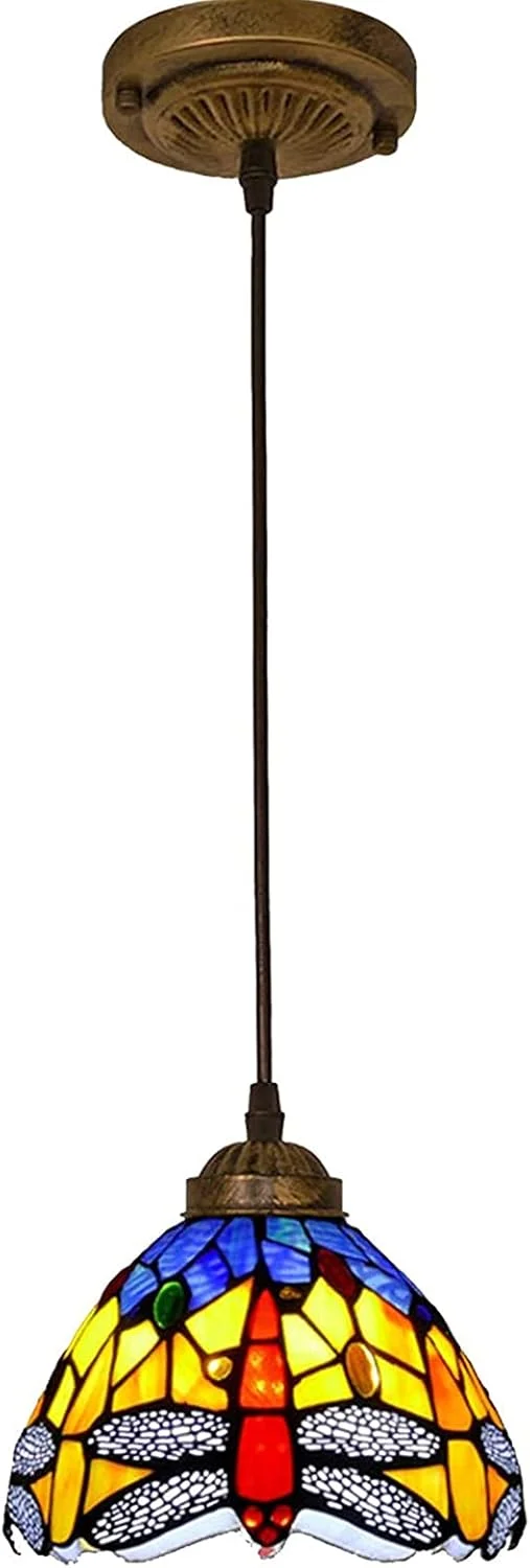چراغ آویز طرح تیفانی مینی سنجاقک قرمز، شیشه رنگی دست ساز، آباژور آبی نارنجی، لوستر آویز سقفی وینتیج مناسب جزیره آشپزخانه، E27، 8 اینچ، 6 اینچ