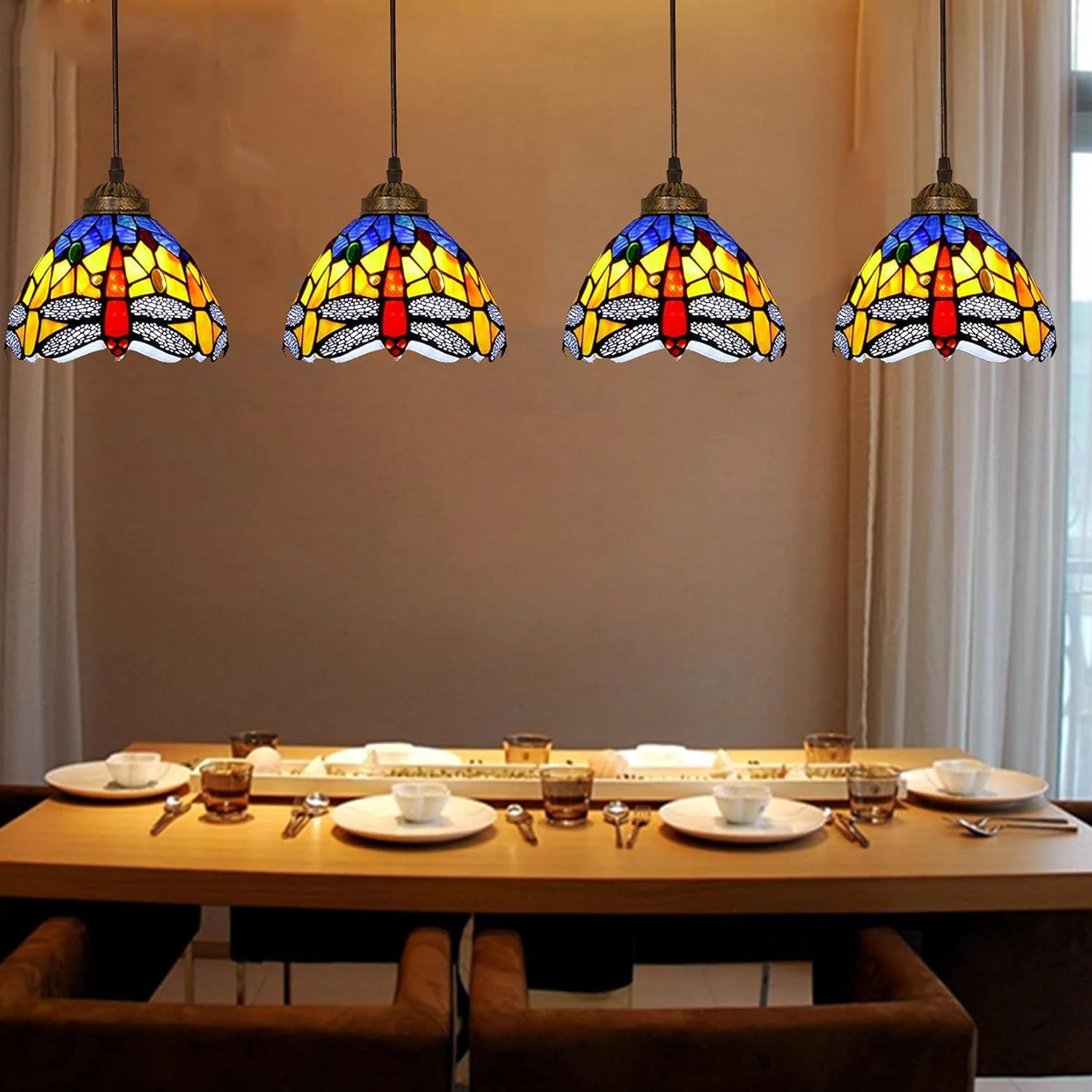 چراغ آویز طرح تیفانی مینی سنجاقک قرمز، شیشه رنگی دست ساز، آباژور آبی نارنجی، لوستر آویز سقفی وینتیج مناسب جزیره آشپزخانه، E27، 8 اینچ، 6 اینچ
