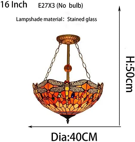 چراغ سقفی 16 اینچی طرح تیفانی، طرح سنجاقک، شیشه رنگی، سبک روستایی، دست ساز، با حباب گنبدی شکل، چراغ آویز تزئینی برای اتاق نشیمن، اتاق غذاخوری، راهرو، بالکن