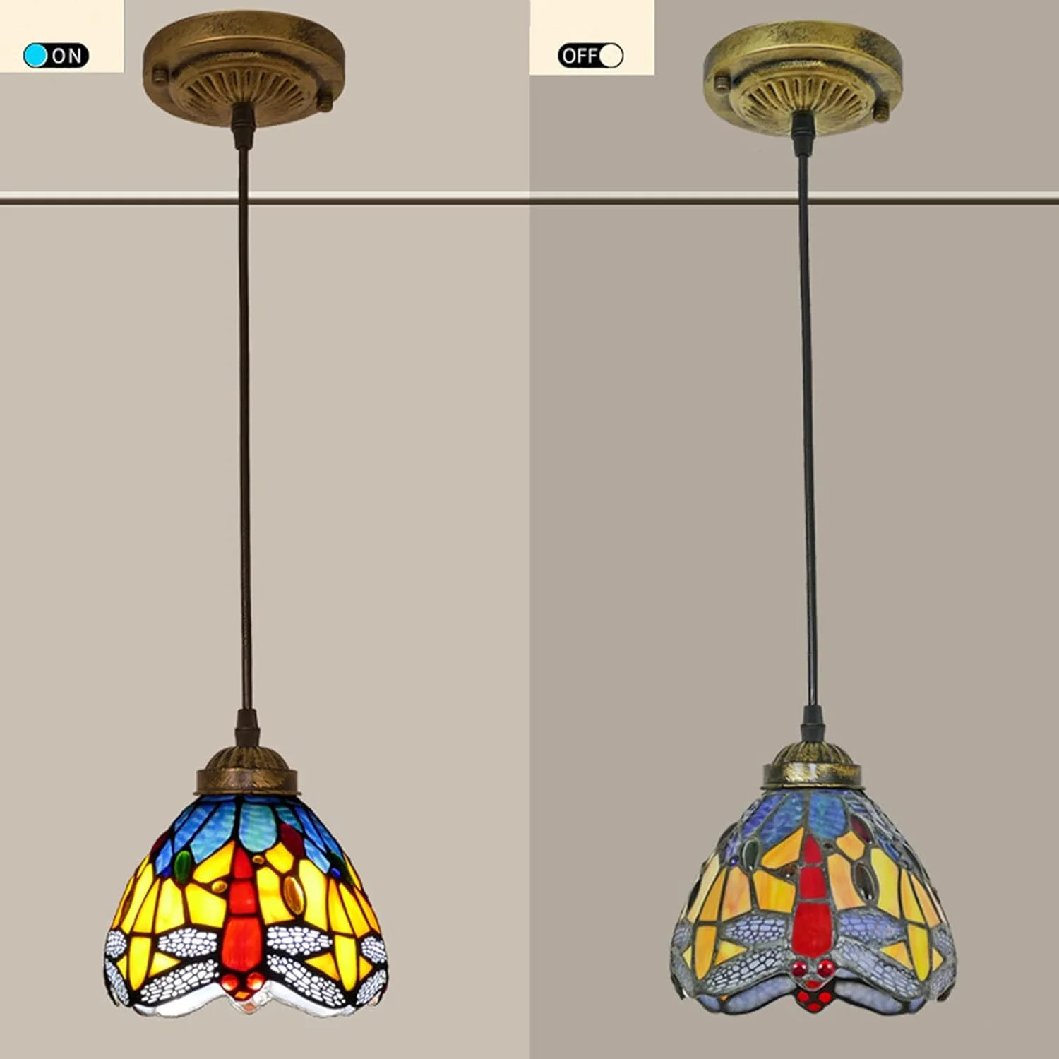 چراغ آویز طرح تیفانی مینی سنجاقک قرمز، شیشه رنگی دست ساز، آباژور آبی نارنجی، لوستر آویز سقفی وینتیج مناسب جزیره آشپزخانه، E27، 8 اینچ، 6 اینچ