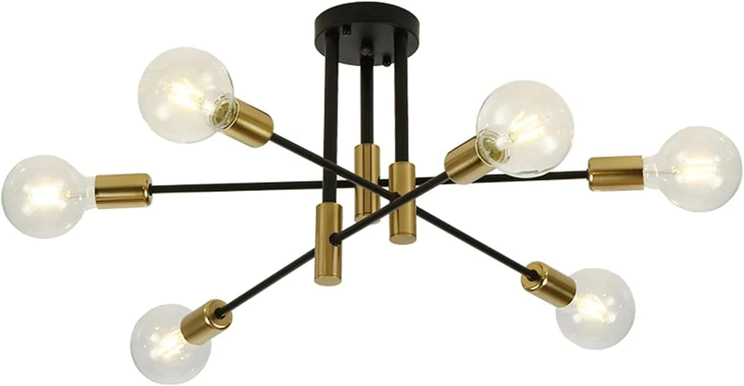 لوستر مدرن فلزی 6 شاخه، چراغ سقفی نیمه فلاش، چراغ آویز صنعتی مناسب اتاق خواب، آشپزخانه، ناهارخوری، نشیمن، سبک قدیمی و بادوام با سرپیچ E26