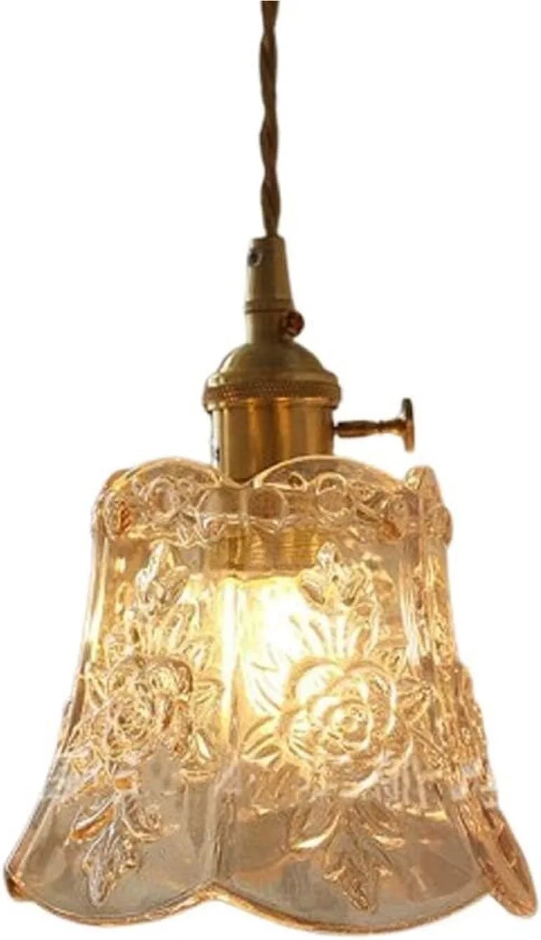 چراغ آویز شیشه ای کهربایی صنعتی وینتیج - لوستر برنجی رترو برای جزیره آشپزخانه، رستوران و بار