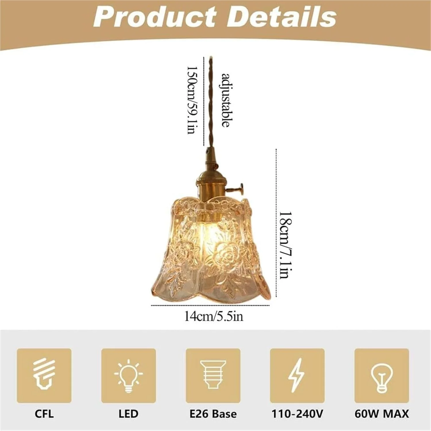 چراغ آویز شیشه ای کهربایی صنعتی وینتیج - لوستر برنجی رترو برای جزیره آشپزخانه، رستوران و بار