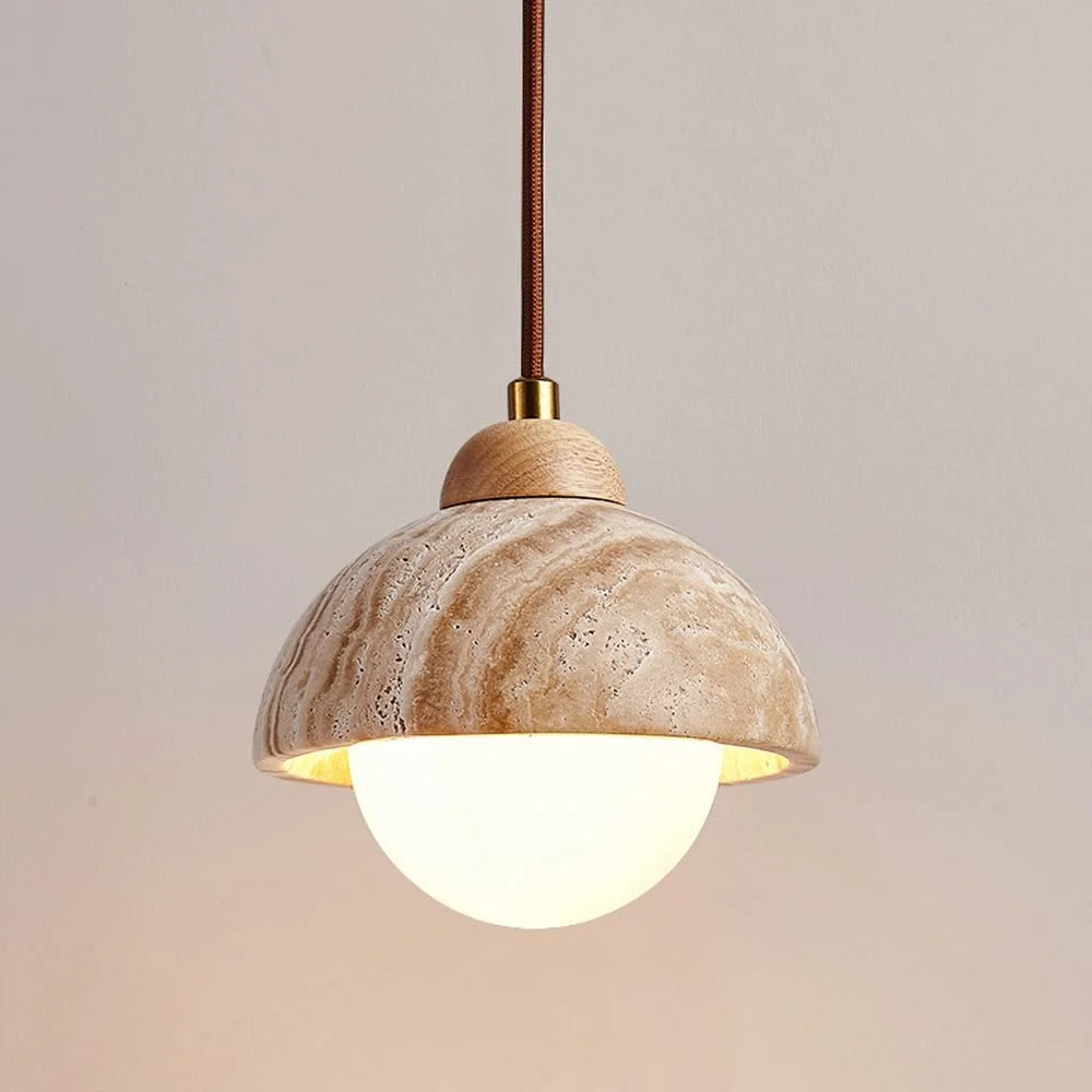 لوستر آویز کنار تختی سنگ تراورتن زرد به سبک Wabi-Sabi - چراغ آویز قابل تنظیم برای اتاق خواب، سازگار با 110V-240V