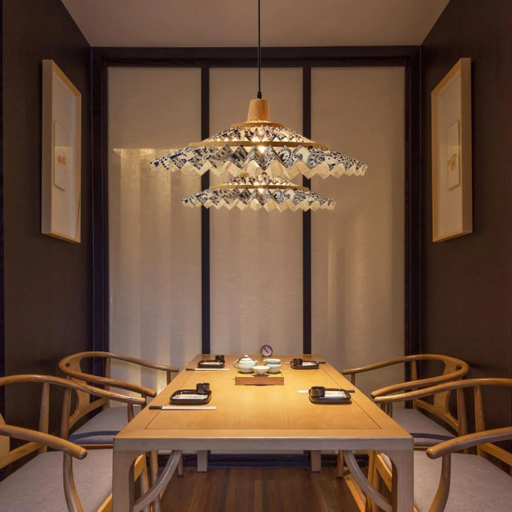 لوستر بافته شده بامبو به سبک آسیای جنوب شرقی - چراغ آویز چتری دست ساز برای اتاق نشیمن، اتاق خواب و مطالعه با پایه E27/E26