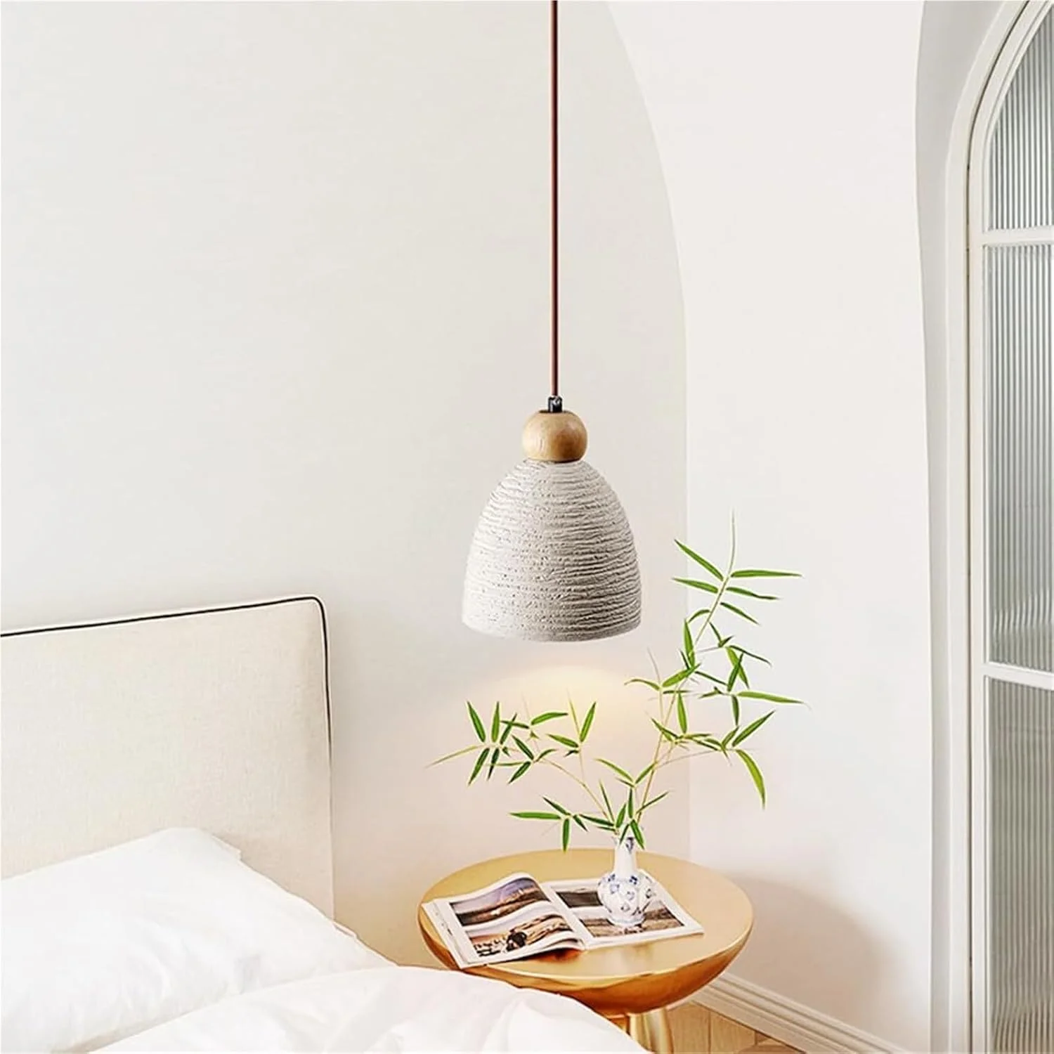 چراغ آویز بتنی شیاردار صنعتی با تزیینات چوبی - چراغ آویز سقفی قابل تنظیم برای جزیره آشپزخانه، اتاق غذاخوری و فضاهای لافت