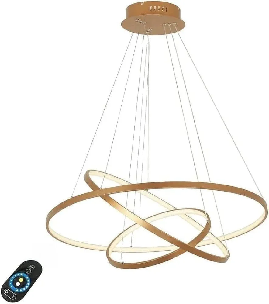 لوستر ال ای دی سه حلقه ای - چراغ آویز دایره ای اکریلیک قابل تنظیم، روکش طلایی با نور گرم برای اتاق نشیمن، رستوران، لابی و سقف هتل