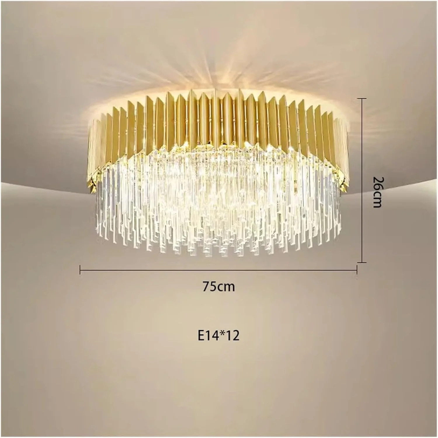 لوستر ال ای دی دایره ای طلایی کریستالی به سبک آرت دکو، قابل تنظیم نور، مناسب برای اتاق نشیمن، رستوران و لوستر سقفی، دکور مدرن، تک رنگ - 75 سانتی متر