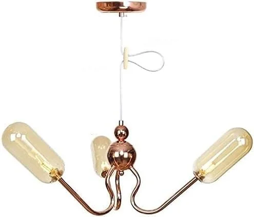 لوستر دکوراتیو اتاق نشیمن و اتاق خواب، فلزی طلایی با حباب شیشه ای کهربایی، 3 شاخه LED لوستر دکوراتیو اتاق نشیمن و اتاق خواب، فلزی طلایی با حباب شیشه ای کهربایی، 3 شاخه LED